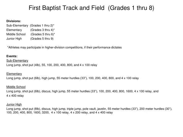 first baptist track and field grades 1 thru 8