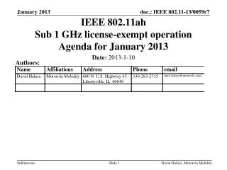 IEEE 802.11ah Sub 1 GHz license-exempt operation Agenda for January 2013