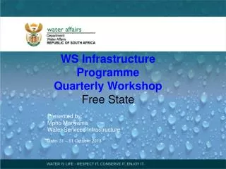 WS Infrastructure Programme Q uarter ly Workshop Free State Presented by: Mpho Manyama