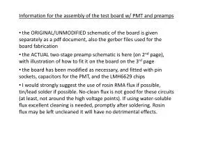 Information for the assembly of the test board w/ PMT and preamps