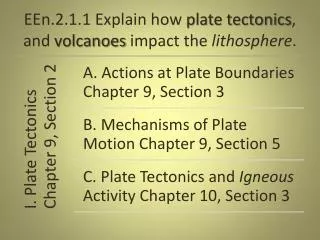 EEn.2.1.1 Explain how plate tectonics , and volcanoes impact the lithosphere .