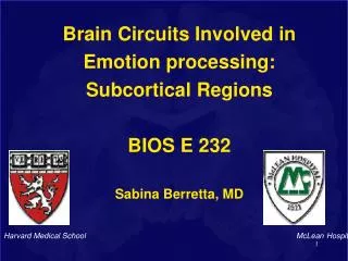 Brain Circuits Involved in Emotion processing: Subcortical Regions BIOS E 232 Sabina Berretta, MD