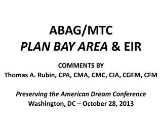 ABAG/MTC PLAN BAY AREA &amp; EIR