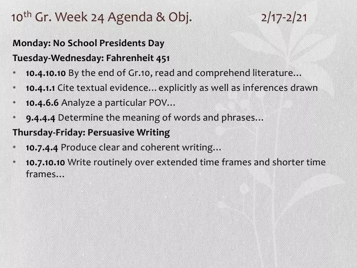 10 th gr week 24 agenda obj 2 17 2 21