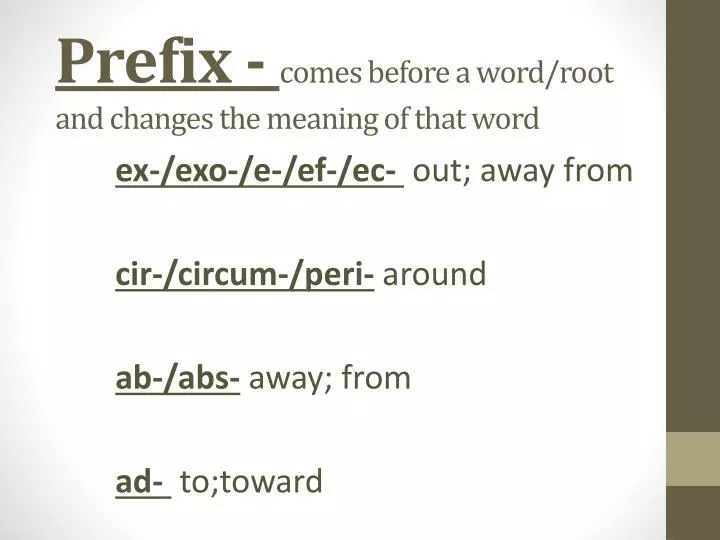 prefix comes before a word root and changes the meaning of that word