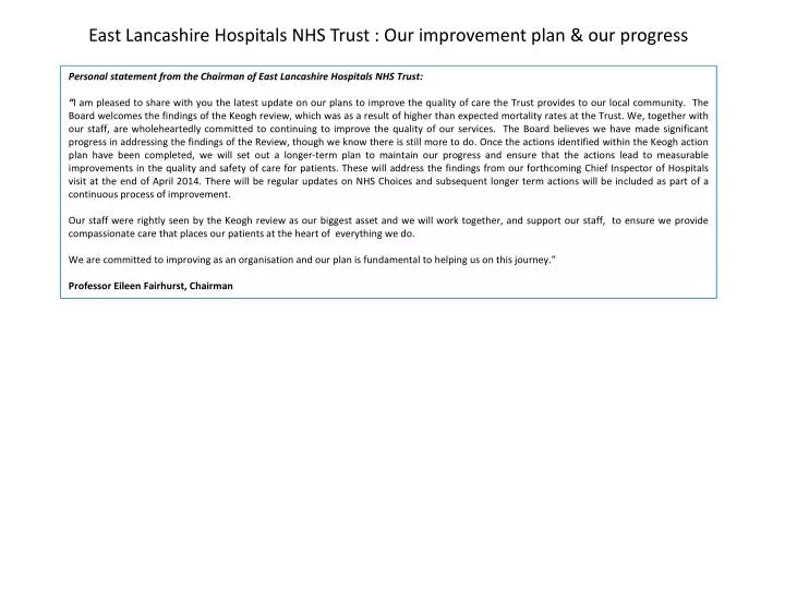 east lancashire hospitals nhs trust our improvement plan our progress