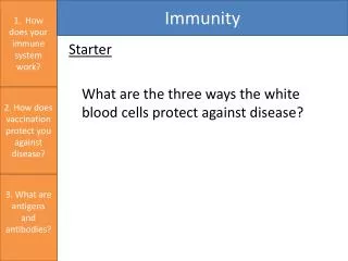 Starter 	What are the three ways the white blood cells protect against disease?