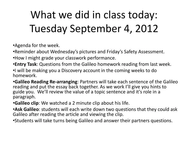 what we did in class today tuesday september 4 2012