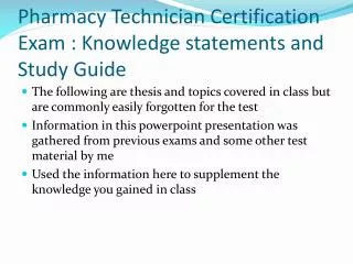 Pharmacy Technician Certification Exam : Knowledge statements and Study Guide