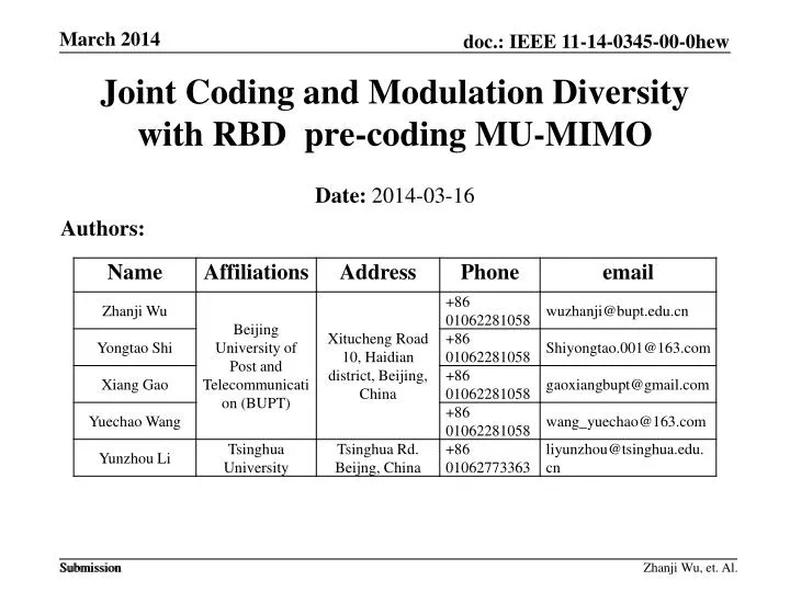joint coding and modulation diversity with rbd pre coding mu mimo