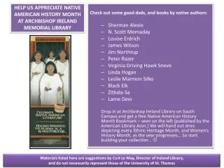HELP US APPRECIATE NATIVE AMERICAN HISTORY MONTH AT ARCHBISHOP IRELAND MEMORIAL LIBRARY
