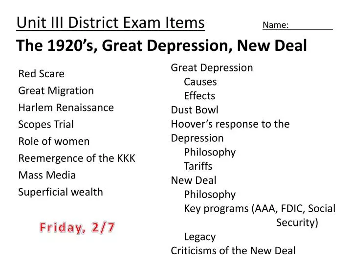 unit iii district exam items name the 1920 s great depression new deal