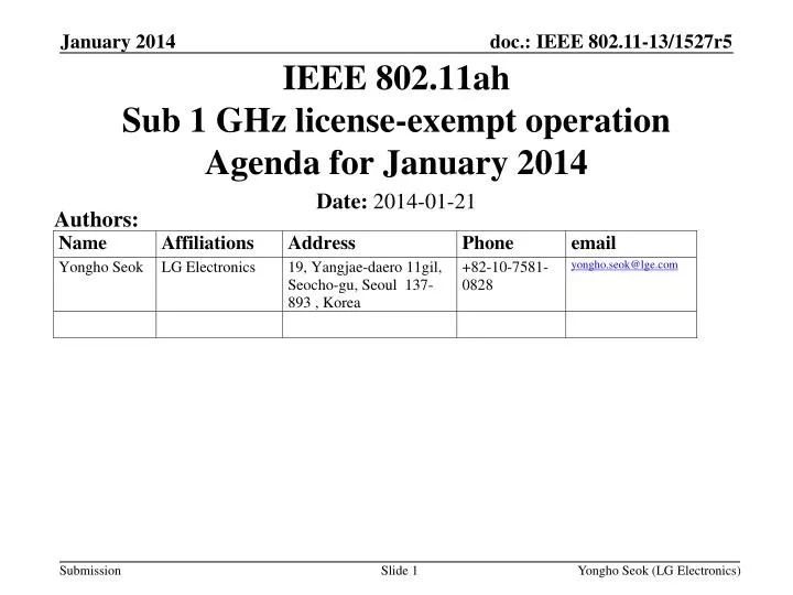 ieee 802 11ah sub 1 ghz license exempt operation agenda for january 2014