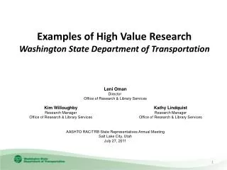 Examples of High Value Research Washington State Department of Transportation