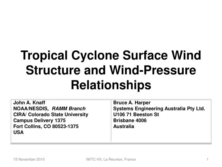 tropical cyclone surface wind structure and wind pressure relationships