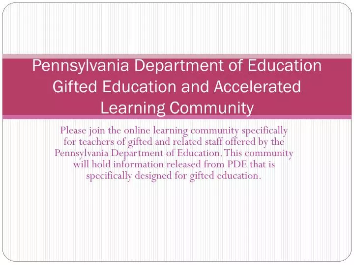 pennsylvania department of education gifted education and accelerated learning community