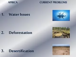 AFRICA			 CURRENT PROBLEMS Water Issues Deforestation Desertification