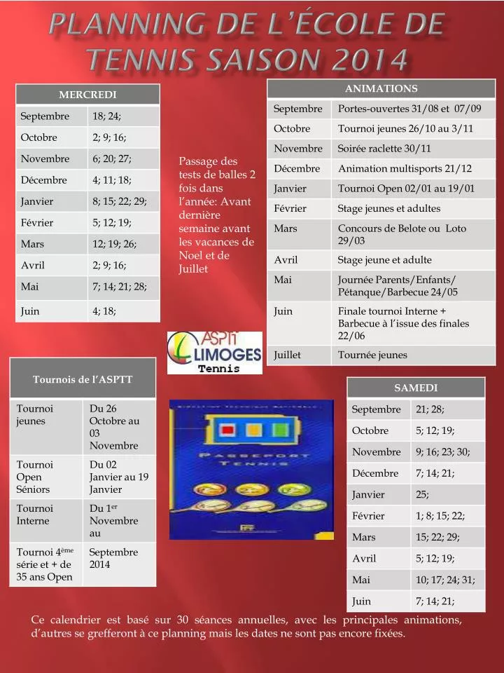 planning de l cole de tennis saison 2014