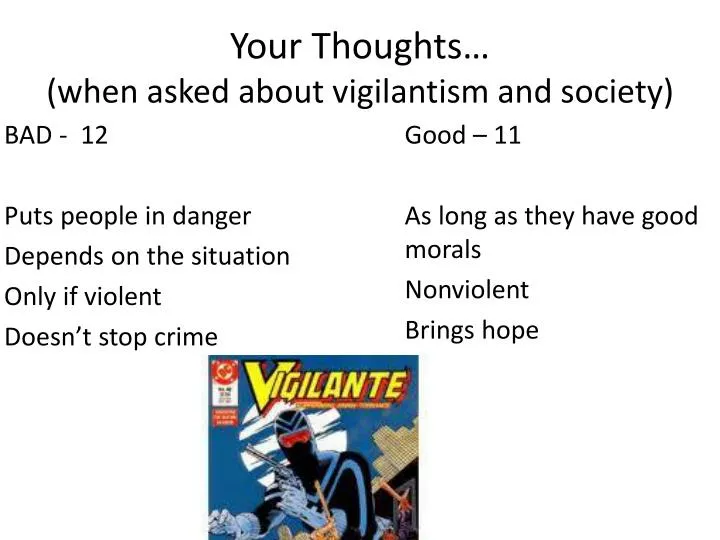 your thoughts when asked about vigilantism and society