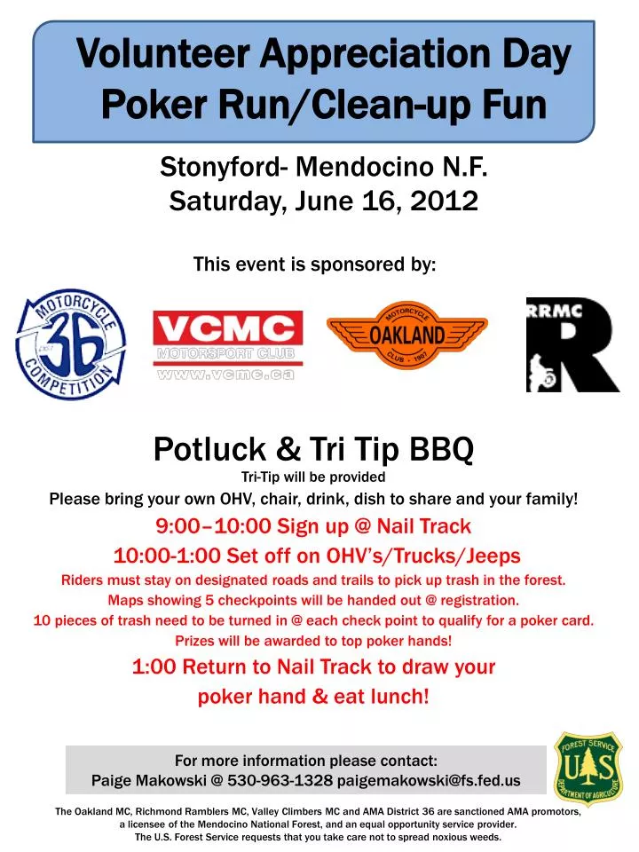 volunteer appreciation day poker run clean up fun stonyford mendocino n f saturday june 16 2012