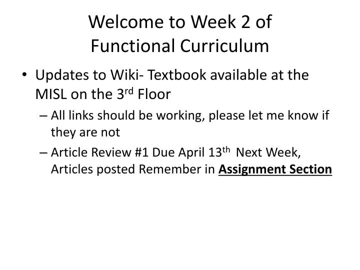 welcome to week 2 of functional curriculum
