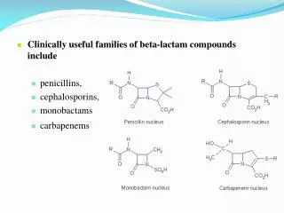 Clinically useful families of beta- lactam compounds include penicillins , cephalosporins ,