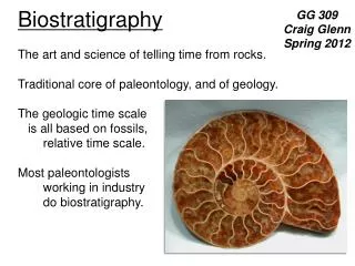 Biostratigraphy The art and science of telling time from rocks.