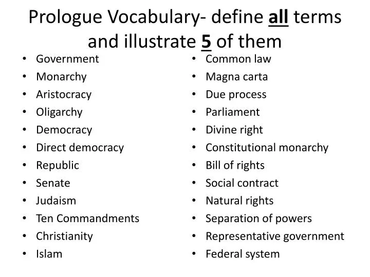 prologue vocabulary define all terms and illustrate 5 of them