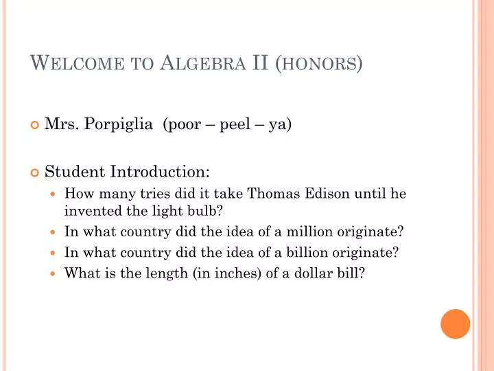 welcome to algebra ii honors