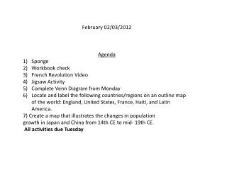 February 02/03/2012 Agenda Sponge Workbook check French Revolution Video Jigsaw Activity