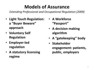 Models of Assurance Extending Professional and Occupational Regulation [2009]