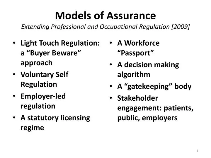 models of assurance extending professional and occupational regulation 2009