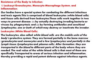 Resistance of the Body to Infection: