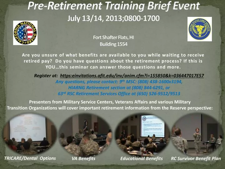 pre retirement training brief event july 13 14 2013 0800 1700 fort shafter flats hi building 1554