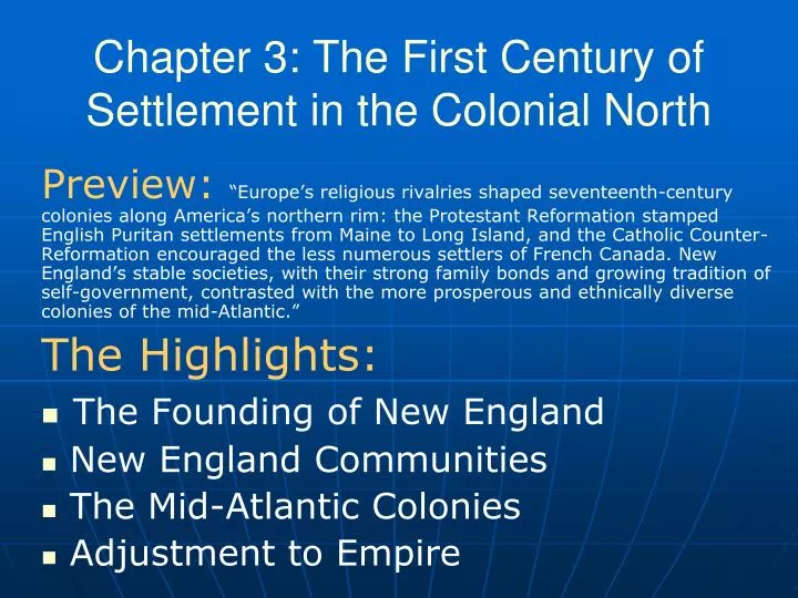 chapter 3 the first century of settlement in the colonial north