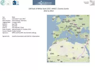 LifeTrack of White Stork 2557, HH927 , Ciconia ciconia 2012 to 2012
