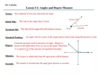Pre- Calculus Lesson 5-1: Angles and Degree Measure Vertex: Initial Side: Terminal Side