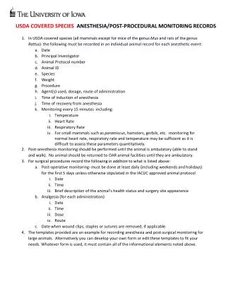 USDA COVERED SPECIES ANESTHESIA/POST-PROCEDURAL MONITORING RECORDS