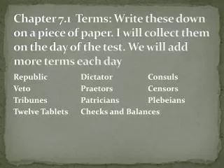 Republic		Dictator		Consuls Veto			Praetors		Censors Tribunes		Patricians		Plebeians