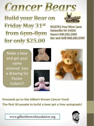 Cancer Bears Build your Bear on Friday May 31 st from 6pm-8pm for only $25.00