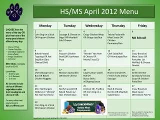 HS/MS April 2012 Menu