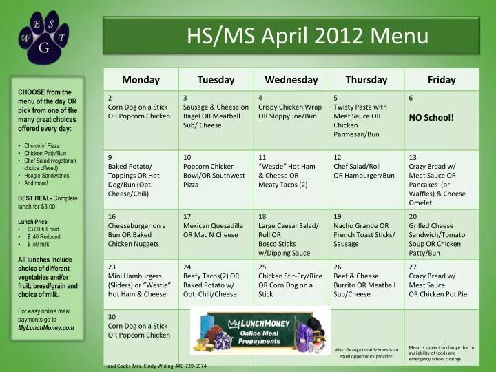 hs ms april 2012 menu