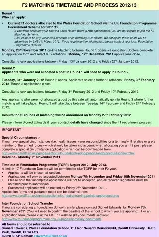 F2 MATCHING TIMETABLE AND PROCESS 2012/13