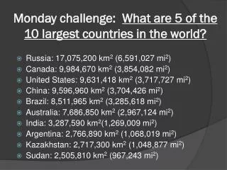 Monday challenge: What are 5 of the 10 largest countries in the world?