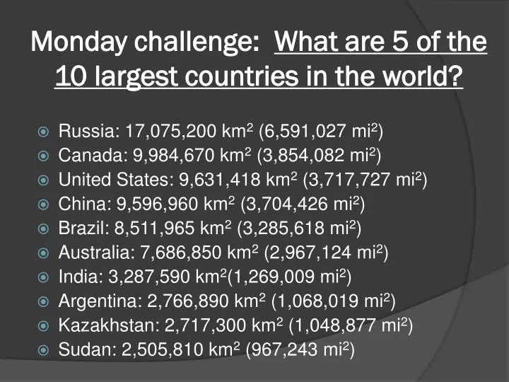 monday challenge what are 5 of the 10 largest countries in the world