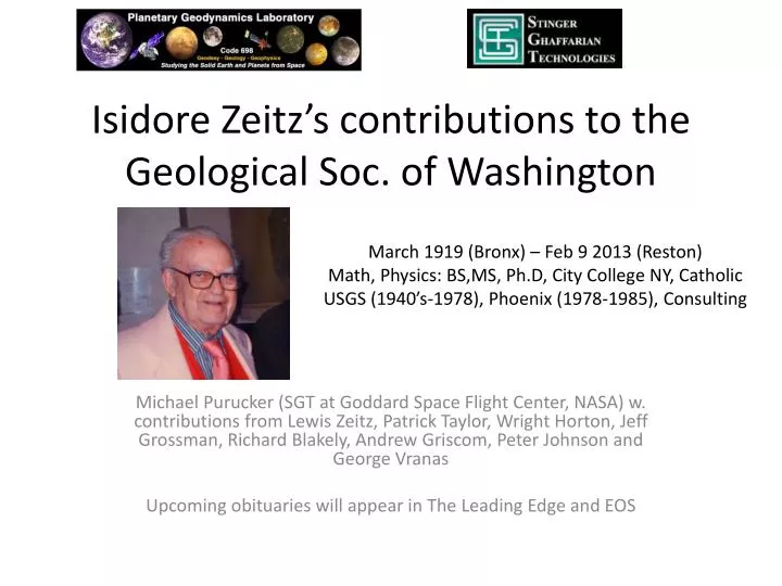 isidore zeitz s contributions to the geological soc o f washington