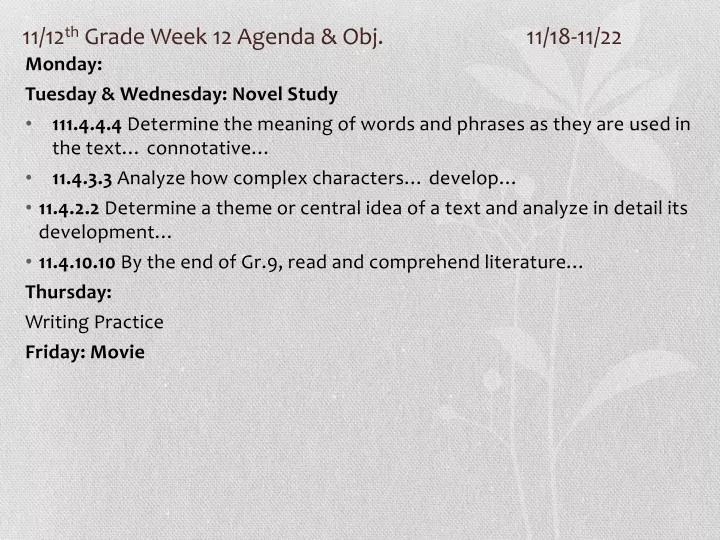 11 12 th grade week 12 agenda obj 11 18 11 22
