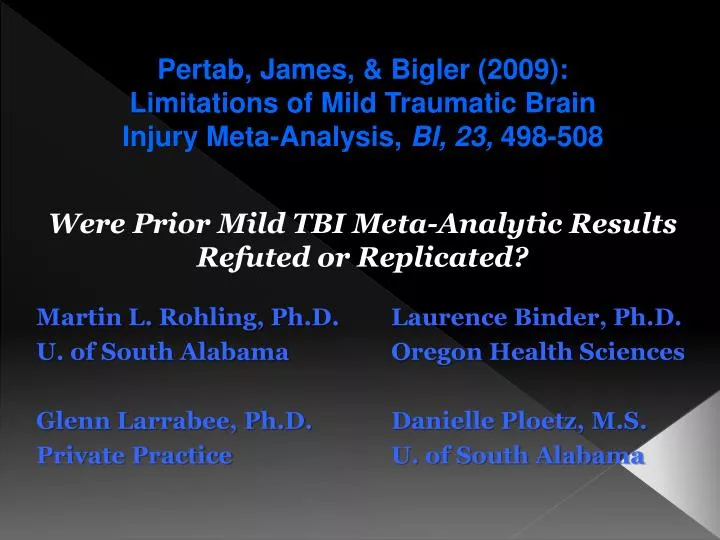 pertab james bigler 2009 limitations of mild traumatic brain injury meta analysis bi 23 498 508