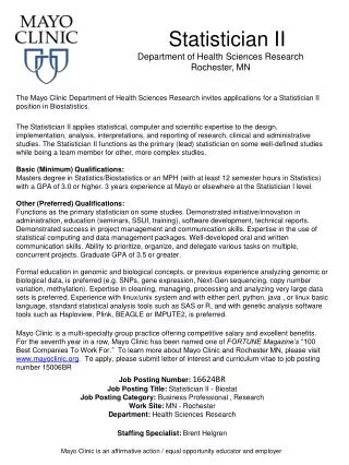 Statistician II Department of Health Sciences Research Rochester, MN