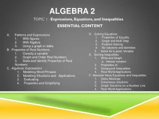 A.	Patterns and Expressions 1.	With figures 2.	With Algebra 3.	Using a graph or table.